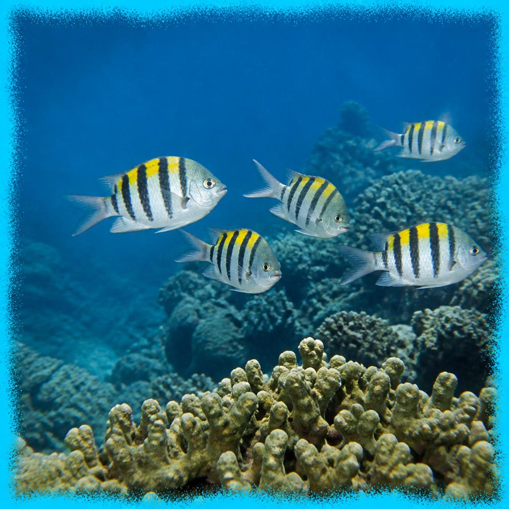 Yellow and black striped reef fish swimming among coral